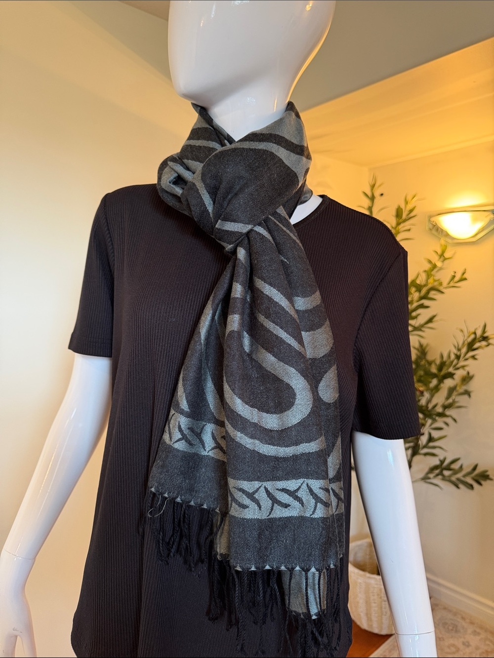 Native Northwest Black Grey Graphic Fringe Scarf